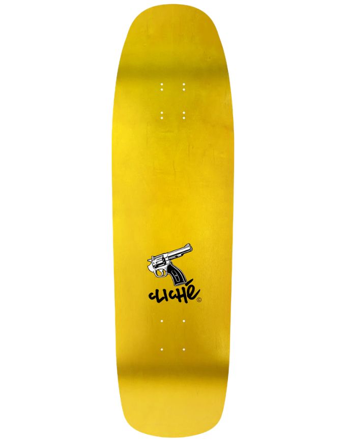 Yellow skateboard deck with a black logo on a white background